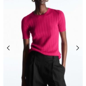 COS Ribbed-Knit Silk T-Shirt in fuchsia-pink